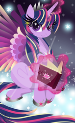 Size: 1173x1920 | Tagged: safe, artist:meastudios, part of a set, twilight sparkle, alicorn, pony, g4, book, ear piercing, earring, female, glowing horn, horn, jewelry, levitation, lineless, looking at you, magic, piercing, rainbow power, solo, telekinesis, twilight sparkle (alicorn), watermark, wingding eyes