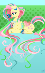 Size: 1173x1920 | Tagged: safe, artist:meastudios, part of a set, fluttershy, butterfly, g4, colored wings, colored wingtips, ear piercing, earring, female, jewelry, lineless, long mane, long tail, piercing, rainbow power, solo, watermark, wingding eyes