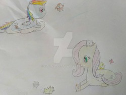 Size: 1024x768 | Tagged: safe, artist:sumi-mlp25, fluttershy, rainbow dash, pegasus, pony, g4, cloud, prone, traditional art, watermark