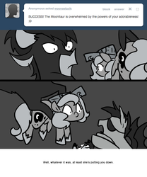 Size: 666x800 | Tagged: safe, artist:egophiliac, princess luna, oc, oc:stardust (egophiliac), oc:sunshine smiles (egophiliac), oc:ziggy, bat pony, pony, moonstuck, g4, filly, grayscale, monochrome, moonitaur, woona, younger