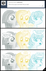 Size: 1242x1920 | Tagged: safe, artist:thealjavis, coco pommel, fluttershy, marble pie, ask the shy-tri, g4, colored pupils, comic, dialogue, looking at you, open mouth, simple background, sorry, speech bubble, the council of shy ponies, trio, tumblr, white background