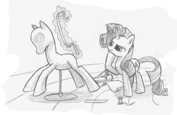 Size: 2018x1314 | Tagged: safe, artist:underpable, rarity, pony, g4, female, magic, mannequin, measuring tape, monochrome, solo