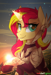 Size: 941x1373 | Tagged: safe, artist:redchetgreen, sunset shimmer, pony, g4, armor, beautiful, crepuscular rays, crossover, ear fluff, female, glowing horn, horn, league of legends, leona, looking at you, magic, smiling, solo, sunset, sunset shimmer is bisexual
