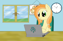 Size: 2600x1700 | Tagged: safe, artist:cloudy95, oc, oc only, oc:haven, earth pony, pony, clock, computer, female, laptop computer, mare, reference sheet, solo, window