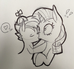 Size: 500x463 | Tagged: dead source, safe, artist:silvdelivers, button mash, rarity, earth pony, pony, unicorn, g4, age difference, colt, exclamation point, eyes closed, female, foal, heart, kiss on the lips, kissing, male, mare, monochrome, rarimash, shipping, straight, surprise kiss, surprised, traditional art