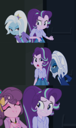Size: 4183x7000 | Tagged: safe, artist:limedazzle, night glider, starlight glimmer, sugar belle, trixie, equestria girls, g4, absurd resolution, alternate hairstyle, alternate universe, clothes swap, comic, equestria girls-ified, lidded eyes, show accurate, smiling, trio