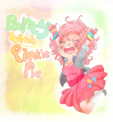 Size: 2208x2376 | Tagged: safe, artist:splicedlamia, pinkie pie, human, g4, clothes, cute, dress, eyes closed, female, high res, humanized, jumping, midair, open mouth, party, shoes, skirt, skirt lift, socks, solo