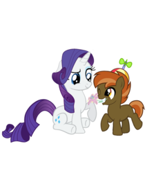 Size: 624x691 | Tagged: safe, artist:buttonsplash, button mash, rarity, g4, age difference, cute, floppy ears, flower, flower in mouth, gentleman, male, mouth hold, one eye closed, present, raised eyebrow, raised hoof, raised leg, rarimash, shipping, simple background, sitting, smiling, straight, transparent background, underhoof, vector, wink