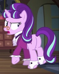 Size: 414x520 | Tagged: safe, screencap, snowfall frost, starlight glimmer, pony, unicorn, a hearth's warming tail, g4, butt, cropped, female, glimmer glutes, looking back, mare, open mouth, plot, solo