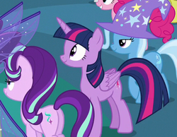 Size: 434x336 | Tagged: safe, screencap, pinkie pie, starlight glimmer, trixie, twilight sparkle, alicorn, pony, unicorn, g4, to where and back again, counterparts, cropped, magical quartet, magical quintet, magical trio, trixie's hat, twilight sparkle (alicorn), twilight's counterparts
