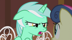Size: 1280x720 | Tagged: safe, screencap, bon bon, lyra heartstrings, sweetie drops, pony, g4, slice of life (episode), angry, floppy ears, lyra is not amused