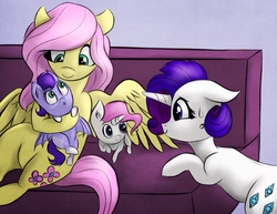 Size: 1700x1310 | Tagged: safe, artist:mylittlelevi64, fluttershy, rarity, oc, g4, couch, female, floppy ears, freckles, lesbian, magical lesbian spawn, offspring, parent:fluttershy, parent:rarity, parents:flarity, ship:flarity, shipping