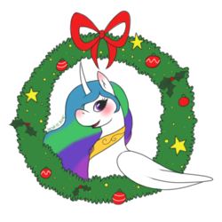 Size: 530x530 | Tagged: safe, artist:denkis, princess celestia, pony, g4, blushing, christmas wreath, female, mare, simple background, solo, transparent background