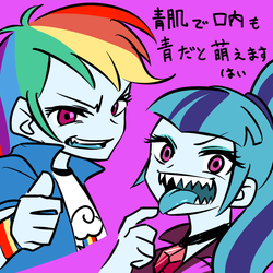 Size: 1000x1000 | Tagged: safe, artist:raika0306, rainbow dash, sonata dusk, equestria girls, g4, my little pony equestria girls: rainbow rocks, duo, fangs, looking at you, open mouth, shark teeth, smiling, tongue out, translated in the description
