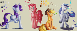 Size: 5000x2011 | Tagged: safe, artist:double-zr-tap, pinkie pie, rarity, shining armor, g4, color palette, eyes closed, grin, gritted teeth, magic, raised hoof, sitting, smiling