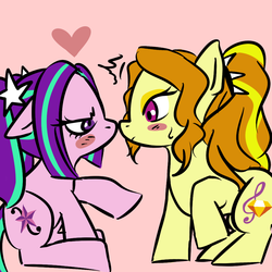 Size: 1000x1000 | Tagged: safe, artist:raika0306, adagio dazzle, aria blaze, earth pony, pony, g4, blush sticker, blushing, boop, cute, duo, duo female, ears back, earth pony adagio dazzle, earth pony aria blaze, emanata, equestria girls ponified, female, heart, lesbian, noseboop, pink background, ponified, raised hoof, ship:adaria, shipping, simple background, sitting, standing, sweat, sweatdrop, tsundaria