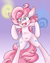 Size: 1200x1500 | Tagged: safe, artist:azurepicker, pinkie pie, earth pony, pony, g4, belly button, bipedal, fangs, female, gradient background, solo, tongue out