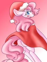 Size: 1200x1600 | Tagged: safe, artist:azurepicker, pinkie pie, earth pony, pony, g4, bipedal, butt, cape, clothes, female, gradient background, hat, plot, santa hat, solo