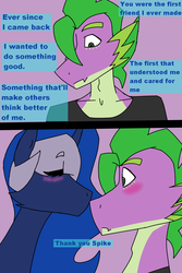 Size: 1200x1800 | Tagged: safe, artist:moonakart13, princess luna, spike, g4, adult spike, ask, ask-spike-the-demon, blushing, bust, clothes, crack shipping, dialogue, eyes closed, nose kiss, older, portrait, ship:spiluna, shipping, shirt, shock, text, tumblr