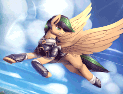 Size: 659x500 | Tagged: safe, artist:rodrigues404, oc, oc only, oc:ailan, pegasus, pony, animated, armor, bracer, cinemagraph, flying, gif, glare, gritted teeth, lightning, looking back, male, pathfinder, sky, solo, spread wings, stallion, wind, windswept mane, wings