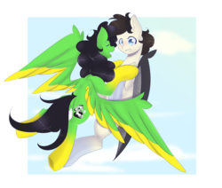 Size: 1515x1283 | Tagged: safe, artist:clefficia, oc, oc only, oc:camoflage cat, oc:golden death, pegasus, pony, female, flying, male, mare, oc x oc, shipping, stallion