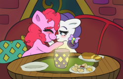 Size: 540x347 | Tagged: safe, artist:stardustspirals, pinkie pie, rarity, earth pony, pony, unicorn, g4, blushing, couch, eyes closed, female, floppy ears, food, lesbian, mare, pillow, ship:raripie, shipping, table