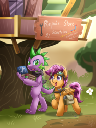 Size: 900x1200 | Tagged: safe, artist:vavacung, scootaloo, spike, comic:the adventure logs of young queen, g4, book, goggles, male, older, older spike, talking, treehouse, walking, wrench