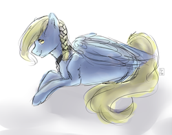 Size: 2480x1951 | Tagged: safe, artist:avendisu, oc, oc only, oc:windswept skies, pegasus, pony, braid, charm, collar, fluffy, looking at you, male, prone, simple background, smiling, solo, stallion, white background, wings, yellow eyes