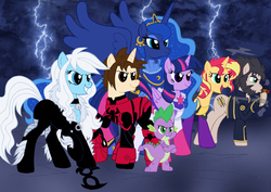 Size: 3611x2551 | Tagged: safe, artist:edcom02, artist:jmkplover, princess luna, spike, sunset shimmer, twilight sparkle, alicorn, dragon, pony, unicorn, spiders and magic: rise of spider-mane, g4, amethyst sorceress, avengers, badass, black cat, blue eyes, blue fur, cigar, confident, crossover, crown, fangs, felicia hardy, green eyes, group, happy, hazel eyes, high res, jewelry, lightning, logan, male, peter parker, ponified, purple eyes, purple fur, regalia, smiling, smoking, spider-man, stormcloud, twilight sparkle (alicorn), wings, wolverine, yellow fur