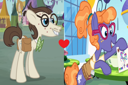 Size: 880x587 | Tagged: safe, edit, edited screencap, screencap, frazzle rock, gizmo, earth pony, pony, g4, princess spike, putting your hoof down, acne, adorkable, bowtie, broken glasses, bucktooth, clothes, cropped, cute, dork, female, frazzlebetes, gizzle, glasses, heart, male, mare, nerd, nerd pony, saddle bag, shipping, shipping domino, stallion, straight, sweater