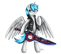 Size: 1800x1600 | Tagged: safe, artist:puggie, oc, oc only, alicorn, pony, alicorn oc, bipedal, clothes, crossover, i'm really feeling it, monado, proud, shulk, simple background, solo, sword, transparent background, weapon, xenoblade chronicles, xenoblade chronicles (series)