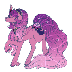 Size: 1400x1400 | Tagged: safe, artist:cinnamonsparx, oc, oc only, original species, pond pony, curved horn, eyes closed, female, floppy ears, flower, horn, mare, petals, raised hoof, raised leg, simple background, smiling, solo, transparent background, unshorn fetlocks