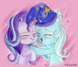 Size: 2208x1914 | Tagged: safe, artist:raiwee, starlight glimmer, trixie, pony, unicorn, g4, blushing, eyes closed, female, happy, lesbian, mare, ship:startrix, shipping, smiling, traditional art, trixie's hat