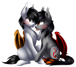 Size: 2555x2260 | Tagged: safe, artist:scarlet-spectrum, oc, oc only, oc:scarlet spectrum, bat pony, pony, blushing, cute, high res, male, oc x oc, shipping, simple background, straight, transparent background