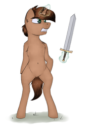 Size: 1435x2044 | Tagged: safe, artist:marsminer, oc, oc only, oc:heroic armour, pony, bipedal, featureless crotch, magic, solo, sword, weapon