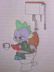 Size: 300x400 | Tagged: safe, artist:shiftyguy1994, spike, dragon, g4, book, clothes, implied pooping, male, pajamas, potty, potty time, reading, sitting on toilet, solo, toilet, toilet paper, traditional art