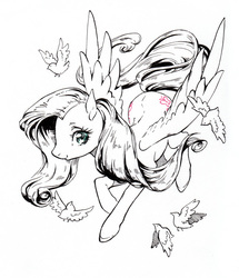 Size: 730x850 | Tagged: safe, artist:kutty-sark, fluttershy, bird, g4, female, flying, lineart, looking at you, looking up, monochrome, partial color, simple background, solo, spread wings, white background