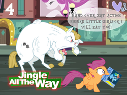 Size: 1024x768 | Tagged: safe, artist:bronybyexception, bulk biceps, rainbow dash, scootaloo, zapp, pony, g4, action figure, advent calendar, arnold schwarzenegger, christmas, implied ponies eating meat, jingle all the way, nostalgia critic, power ponies, running, yelling