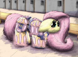 Size: 5521x4034 | Tagged: safe, artist:firefanatic, fluttershy, pony, g4, :t, about to cry, absurd resolution, armor, blushing, crying, cute, disturbing, embarrassed, female, fluffy, impossibly large ears, locker room, messy mane, nightmare fuel, scrunchy face, solo