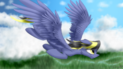 Size: 1600x900 | Tagged: safe, artist:aurelleah, oc, oc only, oc:cloak, pegasus, pony, cloud, commission, ear fluff, eyes on the prize, flying, forest, male, river, signature, smiling, solo