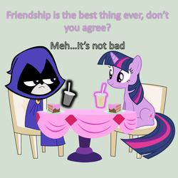 Size: 800x800 | Tagged: source needed, safe, twilight sparkle, g4, cake, crossover, dialogue, drink, food, raven (dc comics), tara strong, teen titans go, voice actor joke