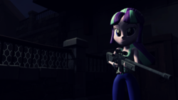 Size: 1920x1080 | Tagged: safe, artist:razethebeast, starlight glimmer, equestria girls, g4, 3d, clothes, equestria girls-ified, female, gun, looking at you, optical sight, pants, rifle, sleeveless, sniper rifle, solo, source filmmaker, tank top, weapon