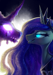 Size: 2480x3507 | Tagged: safe, artist:begasus, princess luna, tantabus, alicorn, pony, g4, duo, female, glowing eyes, grin, high res, mare, nightmare luna, smiling