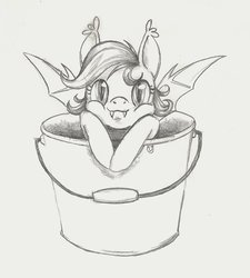 Size: 847x943 | Tagged: safe, artist:skrapbox, oc, oc only, bat pony, pony, :3, bat bucket, bucket, cute, fangs, leaning, looking at you, monochrome, smiling, solo, spread wings