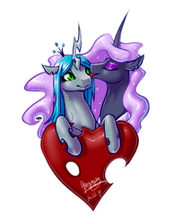 Size: 475x559 | Tagged: safe, artist:begasus, nightmare moon, queen chrysalis, alicorn, changeling, changeling queen, pony, g4, cute, cutealis, eyes closed, female, floppy ears, heart, lesbian, licking, moonabetes, ship:chrysmoon, shipping, simple background, tongue out