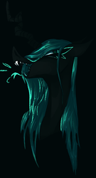 Size: 421x781 | Tagged: safe, artist:marshmellowcannibal, queen chrysalis, changeling, changeling queen, g4, black background, bust, fangs, female, open mouth, portrait, profile, simple background, solo, tongue out