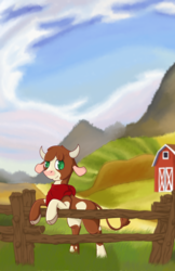 Size: 6600x10200 | Tagged: safe, artist:lula-moonarts, arizona (tfh), cow, pony, them's fightin' herds, absurd resolution, bipedal, bipedal leaning, cloven hooves, community related, female, fence, leaning, solo