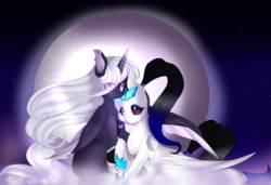 Size: 3074x2100 | Tagged: safe, artist:clefficia, oc, oc only, pegasus, pony, unicorn, cute, duo, female, full moon, hair over one eye, high res, mare, night sky, smiling, stars, transparent mane