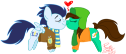 Size: 1130x488 | Tagged: safe, artist:hufflepuffrave, soarin', oc, oc:pencil sketch, pony, g4, canon x oc, clothes, duo, hat, heart, jacket, kyle broflovski, male, scarf, shipping, simple background, south park, straight, transparent background