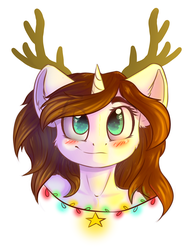 Size: 861x1123 | Tagged: dead source, safe, artist:freckleplant, oc, oc only, deer, pony, reindeer, unicorn, semi-anthro, antlers, blushing, bust, christmas lights, commission, eye clipping through hair, looking at you, portrait, simple background, solo, white background